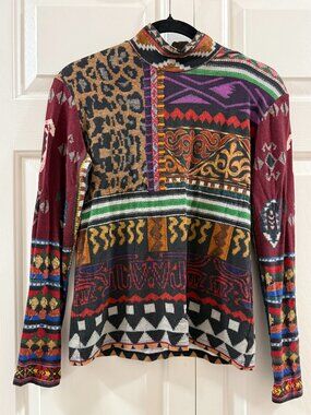 Etro Patchwork Print Mock Neck Top Sz 42 US 6 Paisley Boho Italy Runway Stretch
